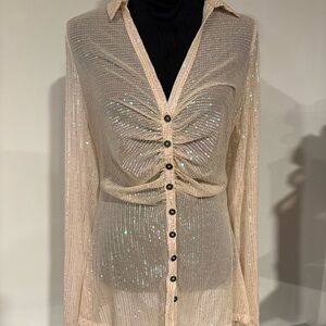 Free People Sheer Sequin Button-Front Blouse in Champagne